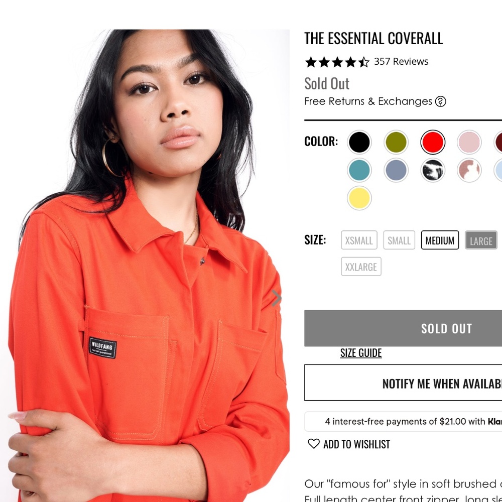 Red Essential Coverall from Wild Fang, Size L Sold Out Online